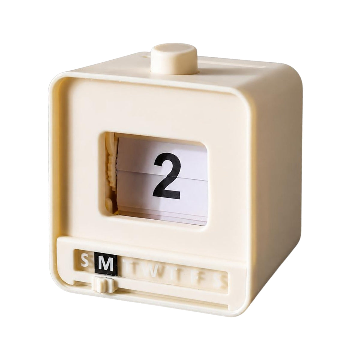 Manual weekday slider on a mini flip desk calendar