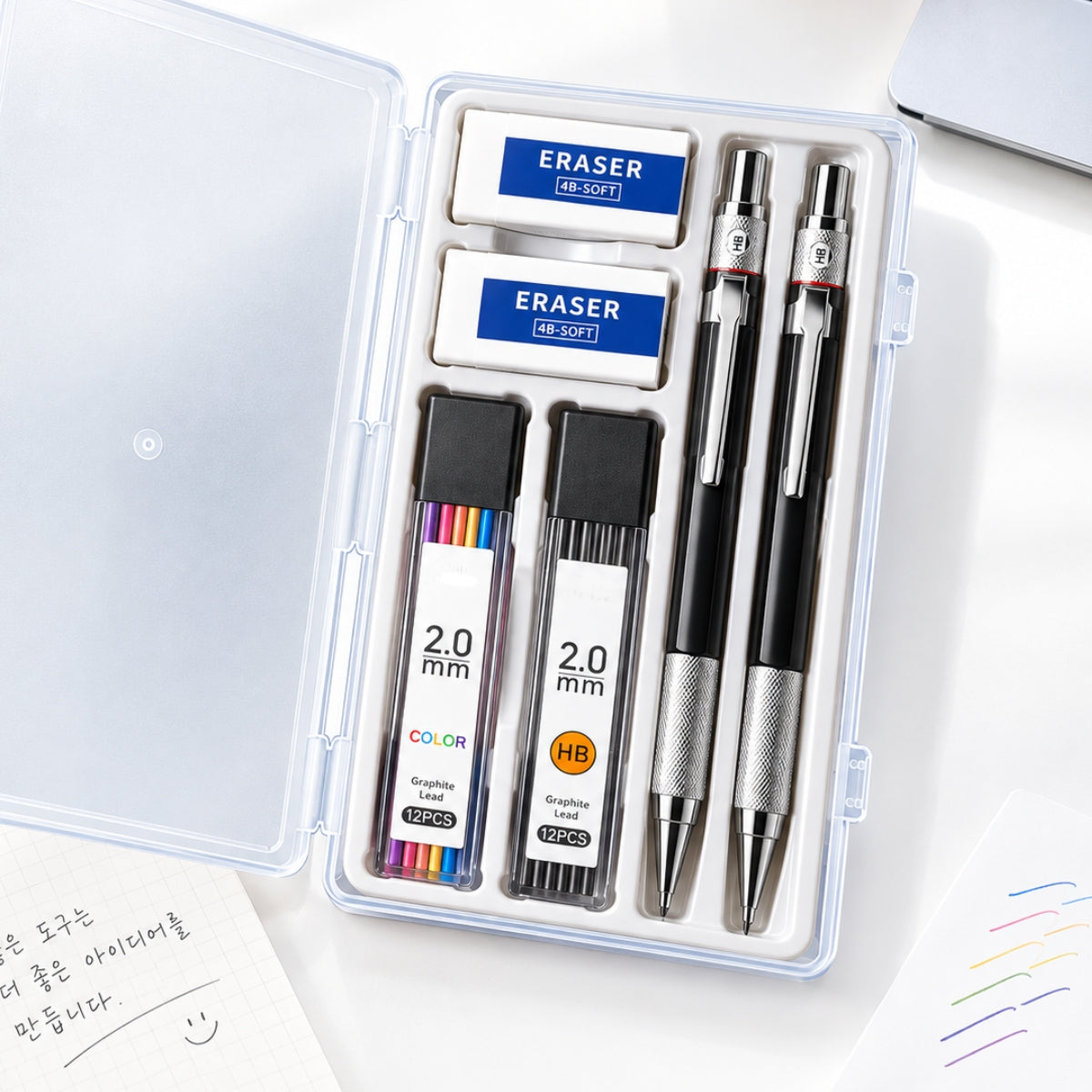 2.0mm Mechanical Pencil Set – 2 Pencils, Graphite & Color Leads, Erasers