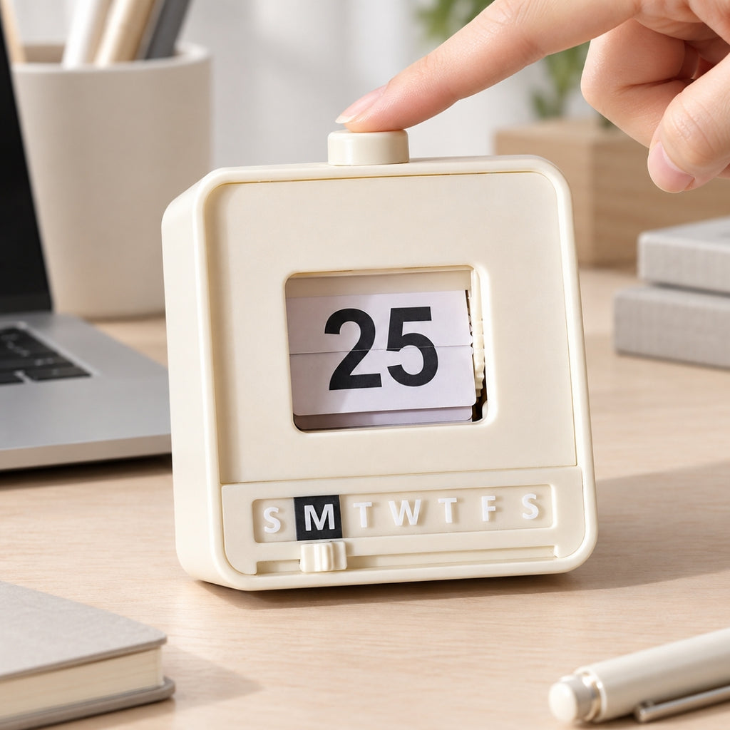 Mini flip desk calendar measuring 7.3 by 8.5 by 5 cm