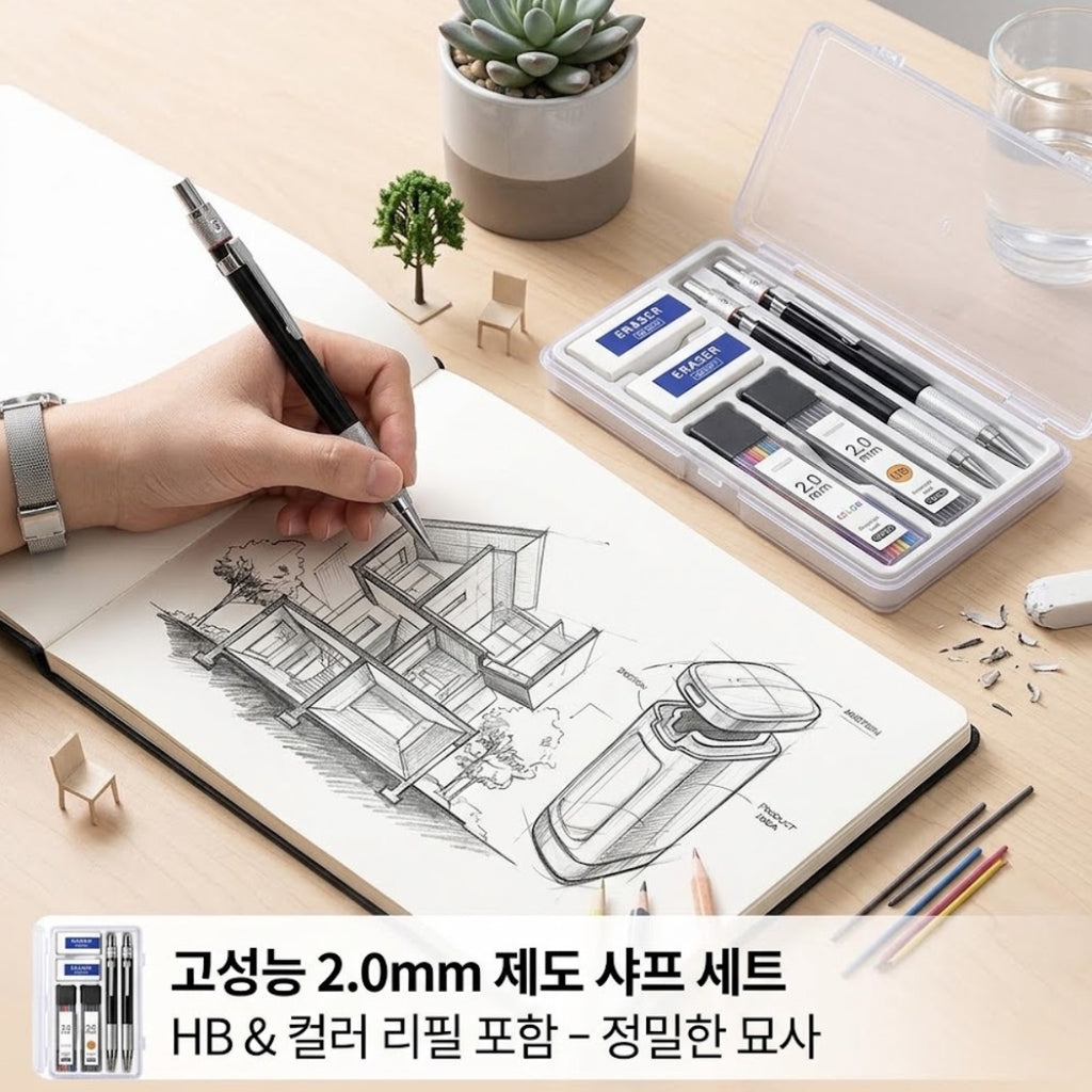 2.0mm Mechanical Pencil Set – 2 Pencils, Graphite & Color Leads, Erasers