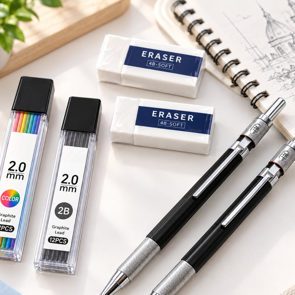 2.0mm Mechanical Pencil Set – 2 Pencils, Graphite & Color Leads, Erasers